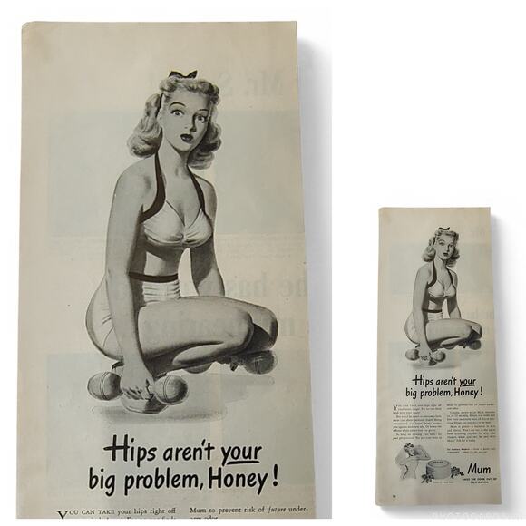 1946 Mum Print Ad Sexy Bikini Pose Perspiration Hips Humor MCM Beauty Branding - Picture 1 of 9